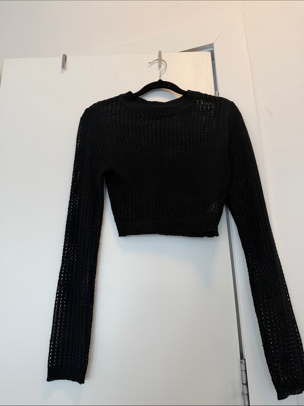 emory park Black Cropped Open-Knit Long Sleeve Top
